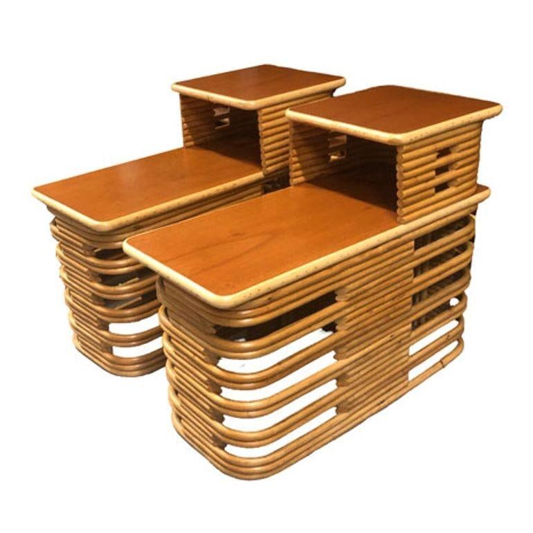 Restored Stacked Rattan & Mahogany Side/Corner Table 3 Piece Set - 2