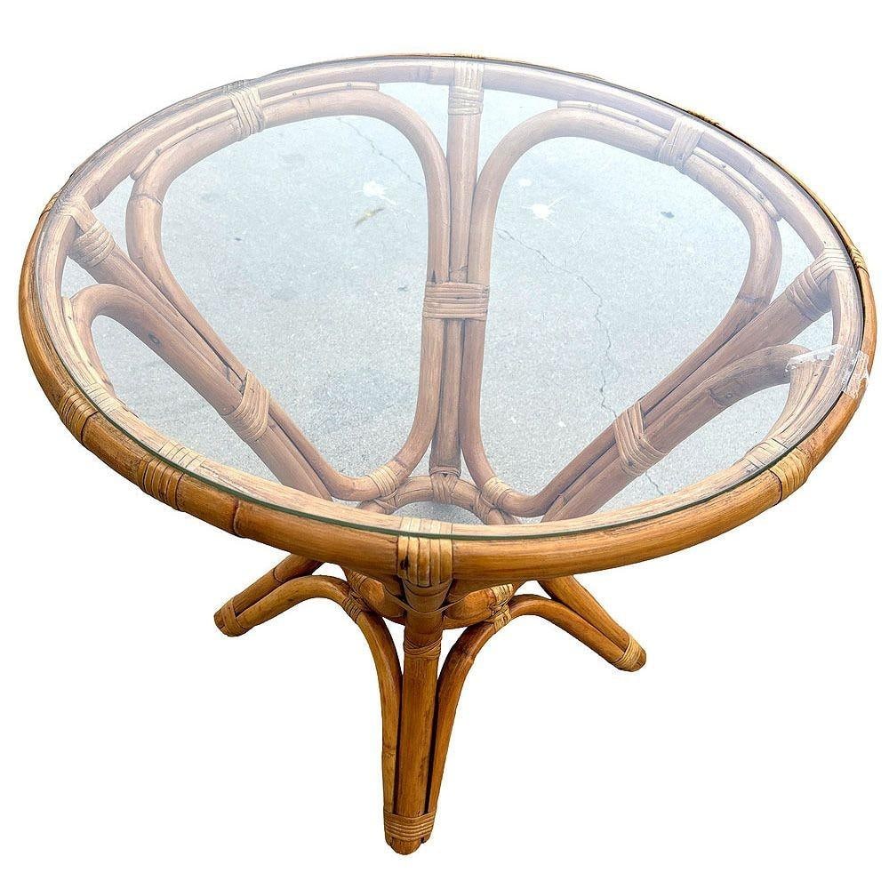 Restored MCM Modernist Rattan Hourglass Round Dining Table w/ Glass Top - 3