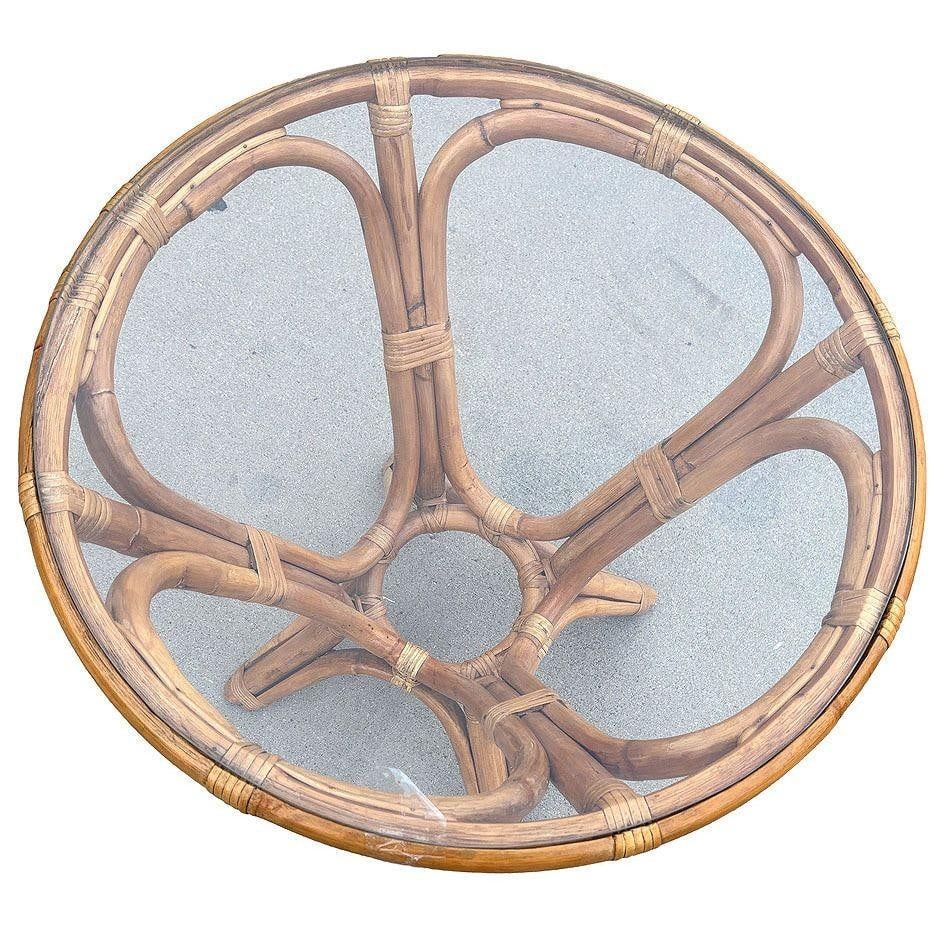 Restored MCM Modernist Rattan Hourglass Round Dining Table w/ Glass Top - 5