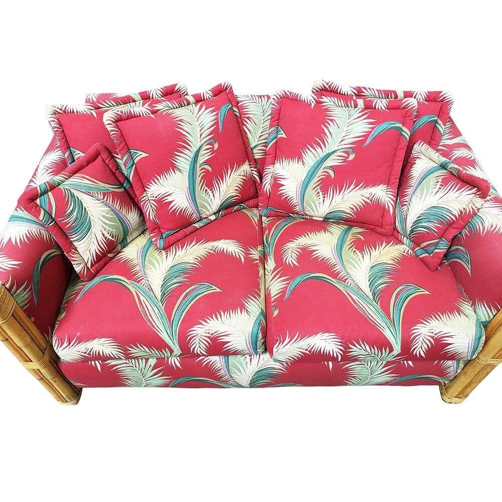 Restored "Big King" Plush Over Stuffed Rattan Settee Sofa W/ 4 Strand Arms, Pair - 5