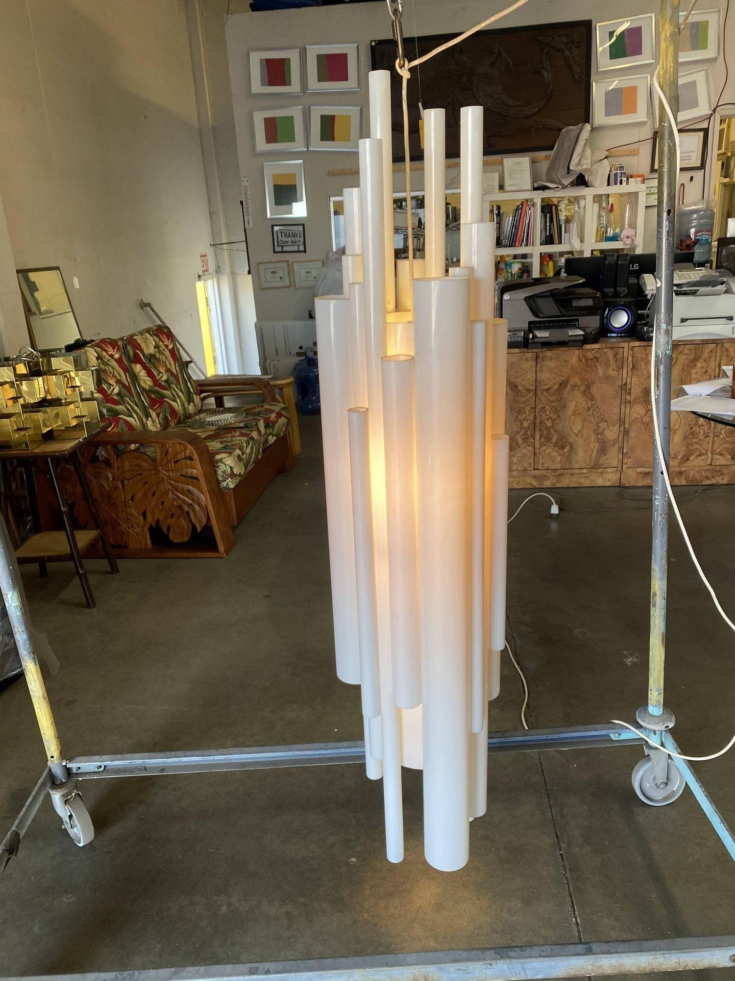 Modernist White Lucite Stacked Tube Chandelier by Rougier, Circa 1970s - 2