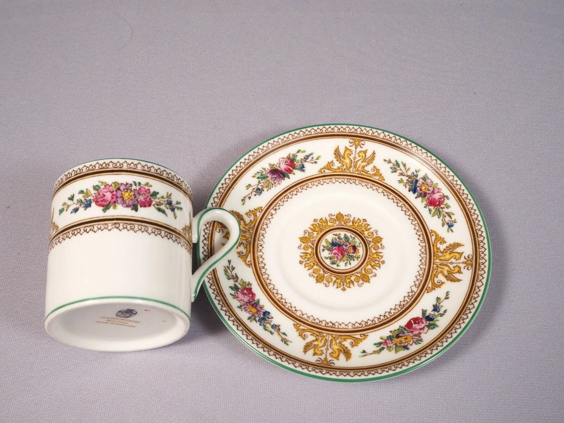 Wedgwood COLUMBIA Coffee Espresso Cup Saucer Set 595 Griffons Floral Medallion - 2