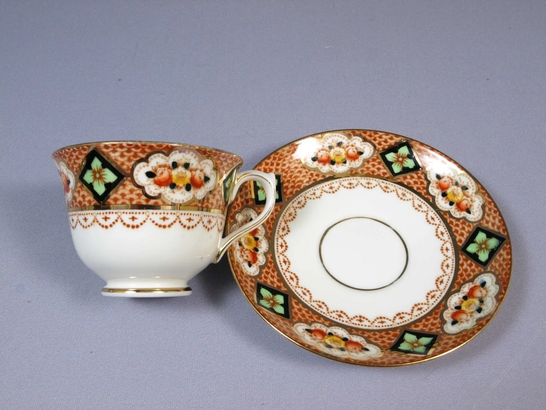 Royal Albert Crown China Devon Lovain Imari Green Coffee Tea Cup Saucer Setting - 2