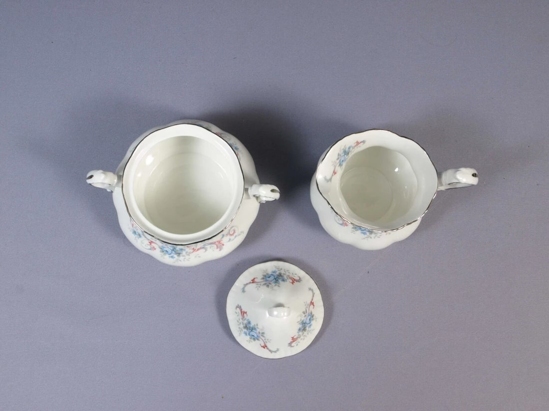 Paragon ROMANCE Creamer Milk Jug Cover Sugar Bowl Silver Platinum Rim England - 2