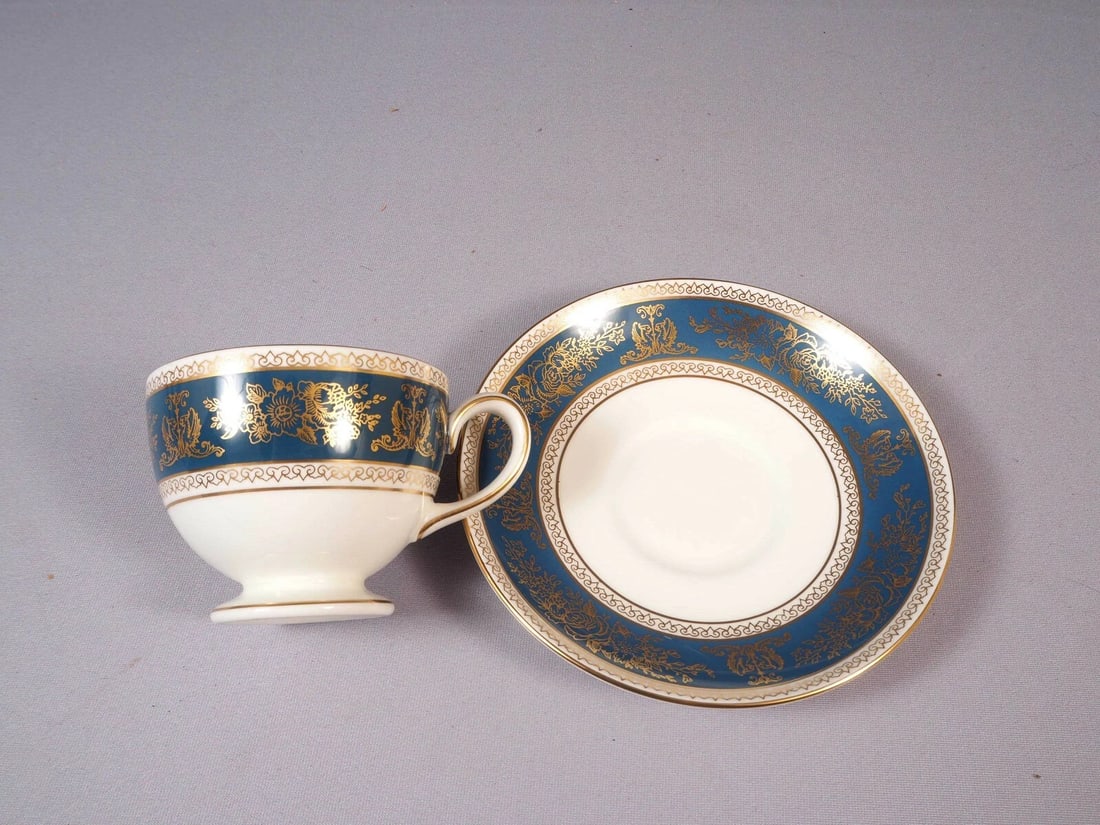 Wedgwood GOLD COLUMBIA Blue Gold Coffee Tea Cup Saucer England Bone China - 2