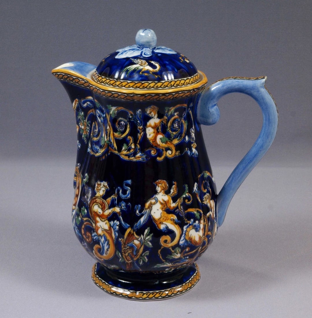 GIEN France Teapot Coffee Tea Creamer Renaissance Fond Blue Bleu Faience French - 3