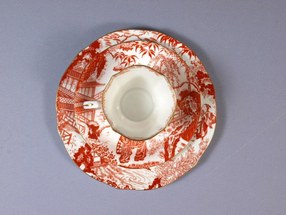 Royal Crown Derby RED Mikado Salad Plate Coffee Tea Cup Saucer Trio Setting RARE - 2