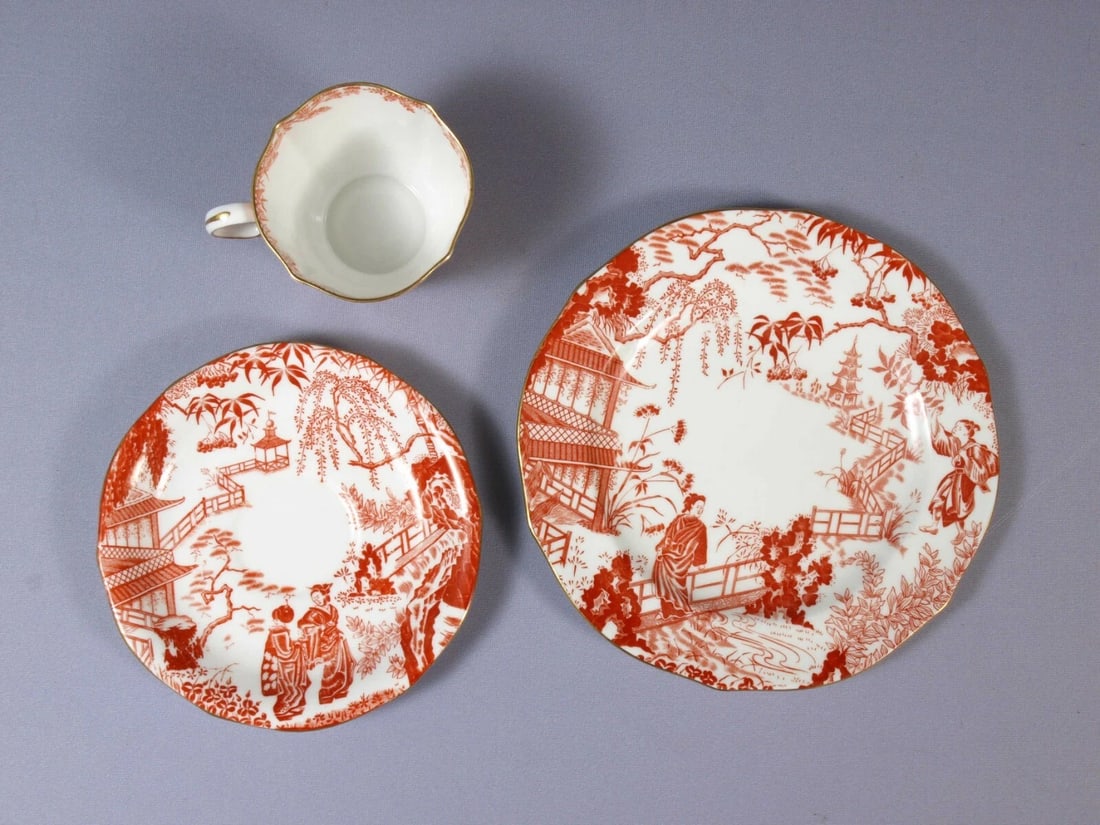 Royal Crown Derby RED Mikado Salad Plate Coffee Tea Cup Saucer Trio Setting RARE - 3