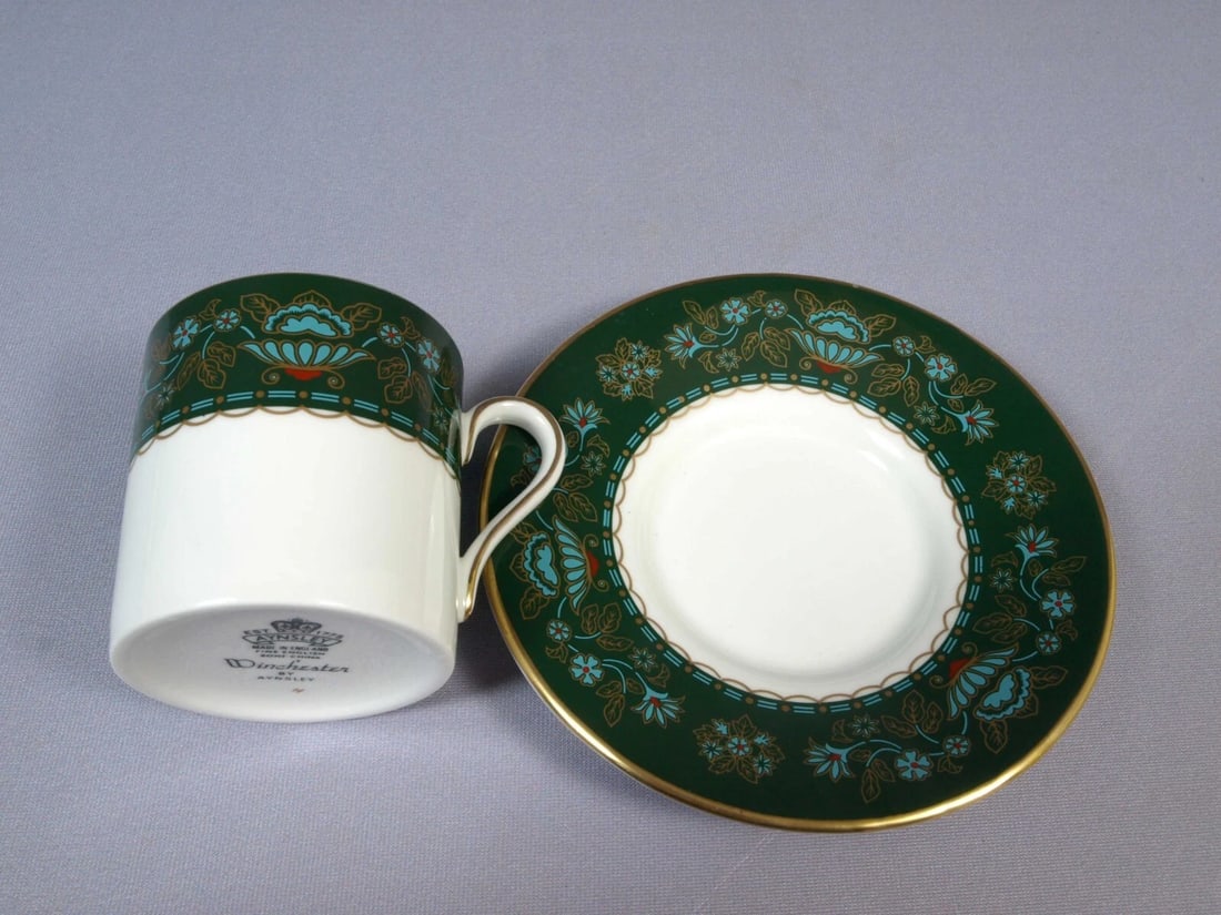Aynsley Winchester Gold Green Demitasse Coffee Espresso Cup Saucer England - 2