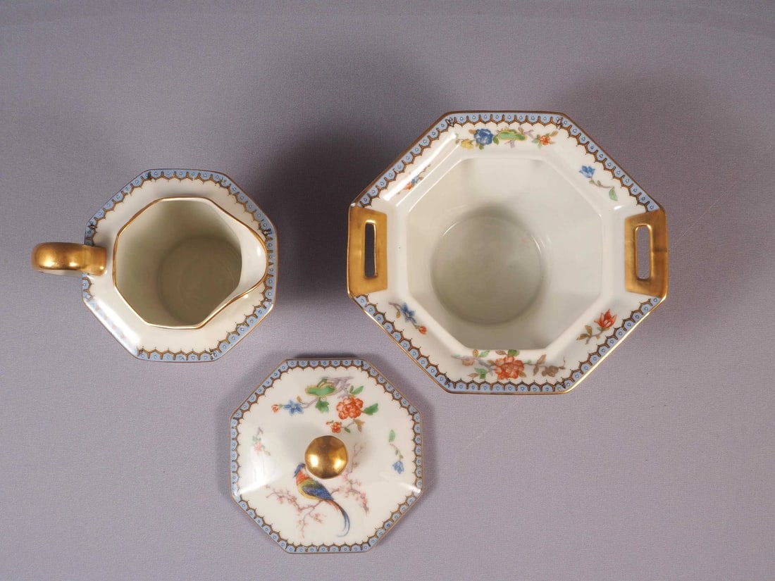 Limoges France HAVILAND PARADISE Creamer Milk Jug Cover Sugar Bowl Antique Birds - 3