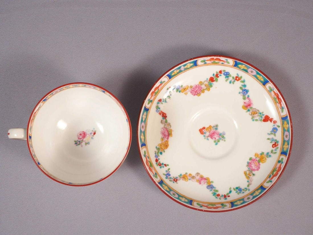 MINTON ROSE ANTIQUE Older Coffee Tea cup Saucer Set Red Laurel Floral A4807 - 2