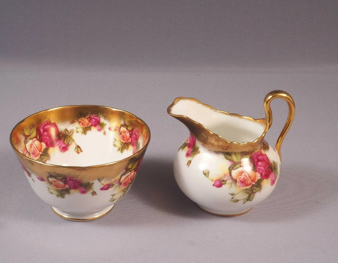 Royal Chelsea GOLDEN ROSE Creamer Milk Jug Open Sugar Bowl Set England LARGE: Title: Royal Chelsea GOLDEN ROSE Creamer Milk Jug Open Sugar Bowl Set England LARGE Description: . This is a rare and absolutely stunning set of creamer/Milk jug and open sugar bowl. It is made by Roy