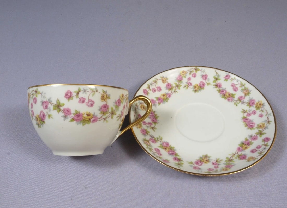 BRIDAL WREATH Rose Limoges France J & B Coffee Tea cup Saucer Set France - 2
