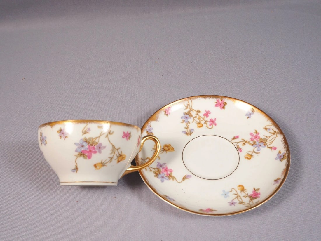 Limoges France Bawo Dotter Elite Coffee Tea Cup Saucer Set Violets BWD29 Smooth - 2