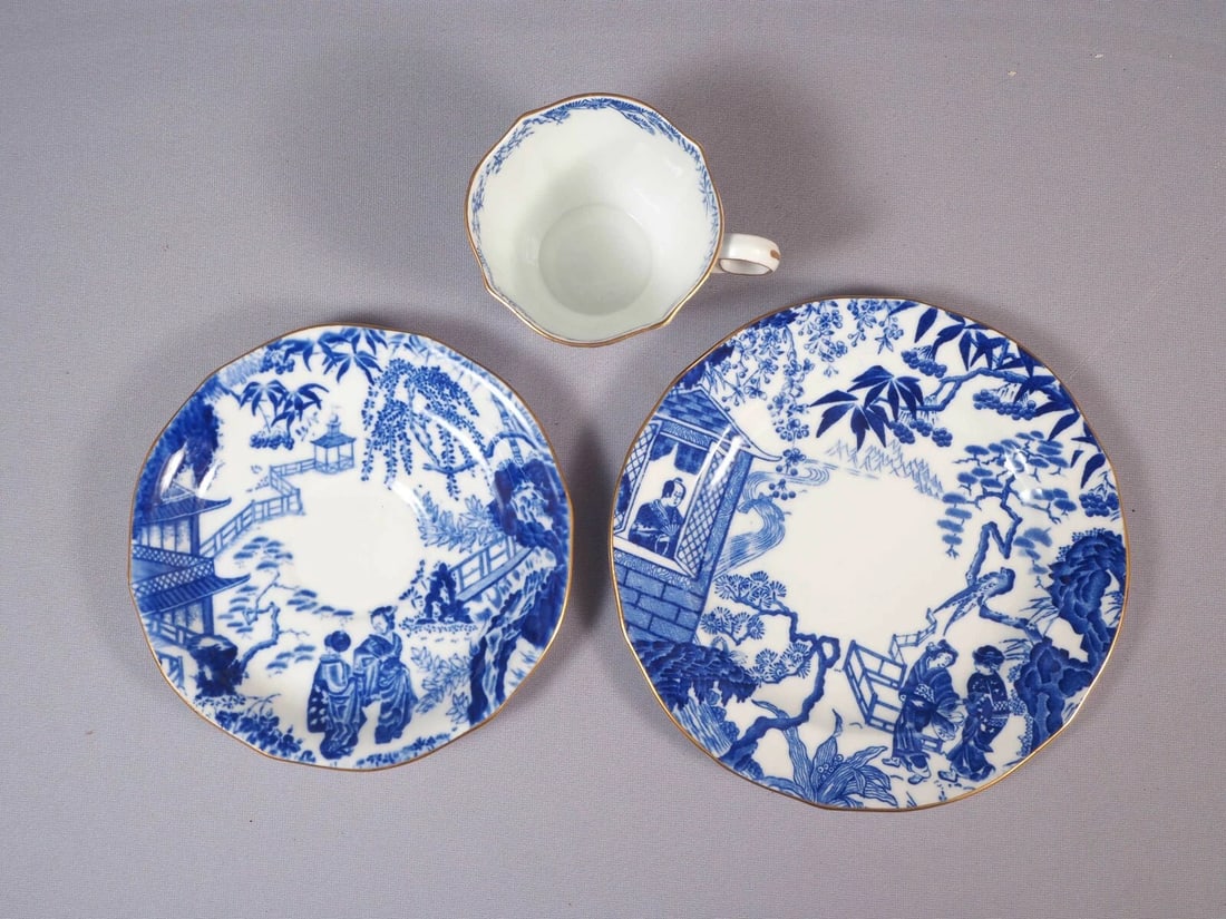 Royal Crown Derby Blue Mikado Dessert Plate Coffee Tea Cup Saucer Trio Setting - 3