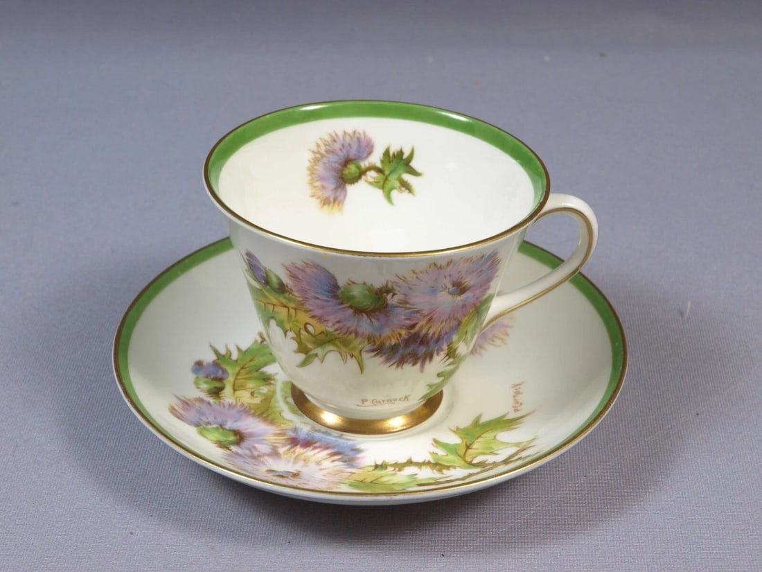 Royal Doulton Glamis Thistle Coffee Tea Cup Saucer Set SIGNED: Title: Royal Doulton Glamis Thistle Coffee Tea Cup Saucer Set SIGNED Description: . This is a gorgeous Set of one Coffee/Tea cup and Saucer, from the Royal Doulton in their famous Glamis Thistle