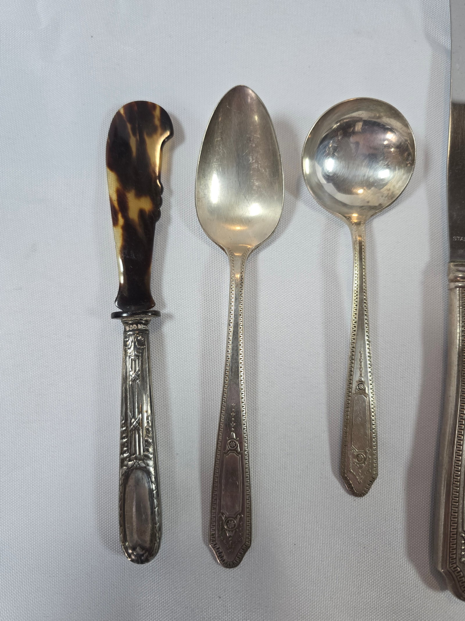 Collection of Antique Silver Plate Flatware with Tortoiseshell Handled Butter Spreader - 5