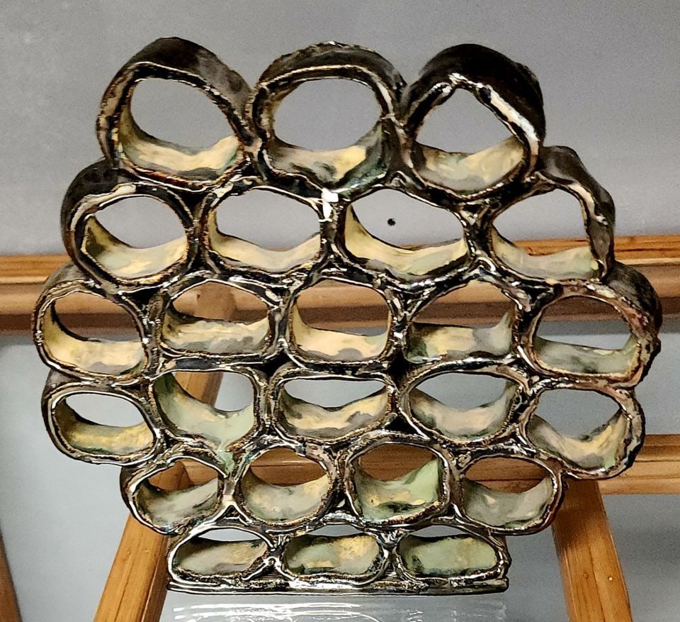 Mid-century brutalist abstract ceramic sculpture w/ great negative space & tessellated form. Signed. - 2