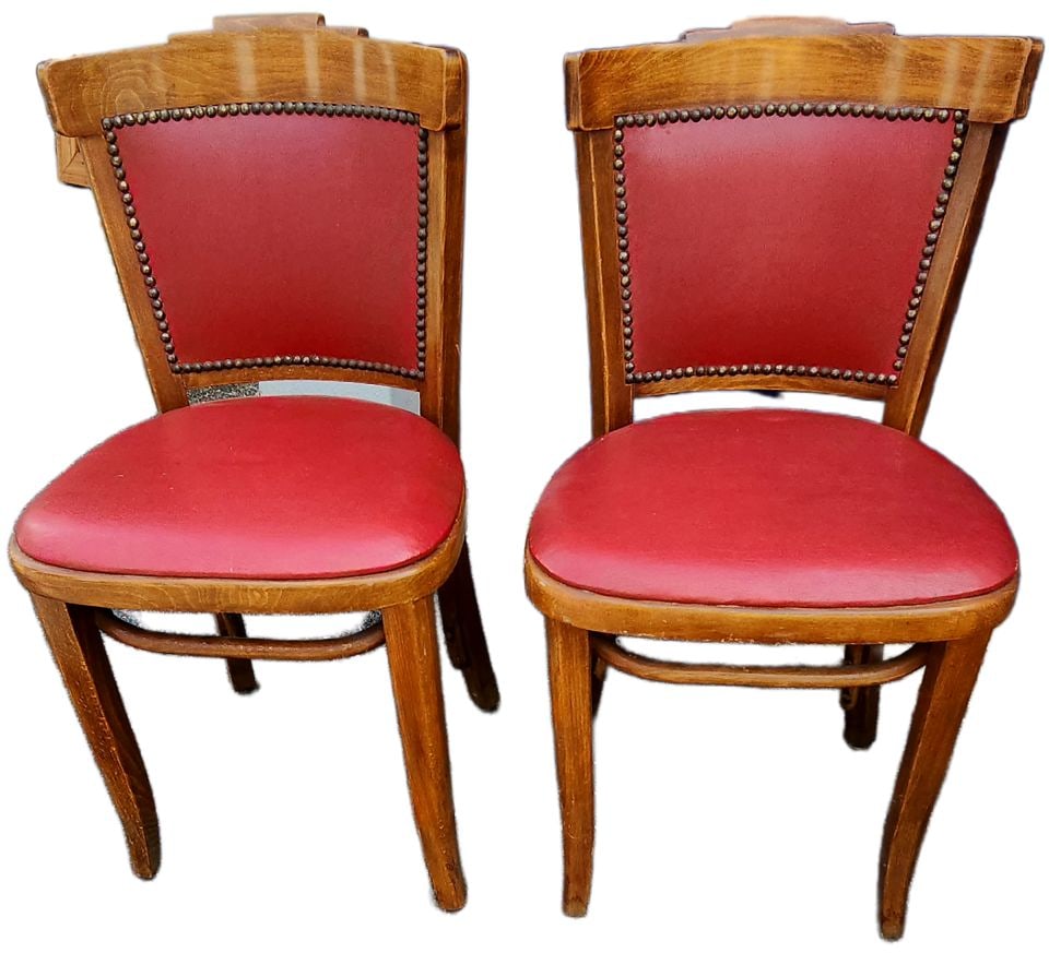 Rare Set of 4 early mid-century Thonet leather dining chairs w/ unique deco design & nail accents. - 2