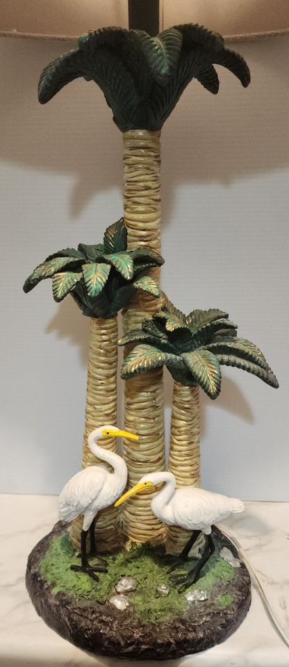 Visit Miami with this beautiful Mid-Century Hand-Painted Ceramic Palm Tree and Crane Lamp - 3