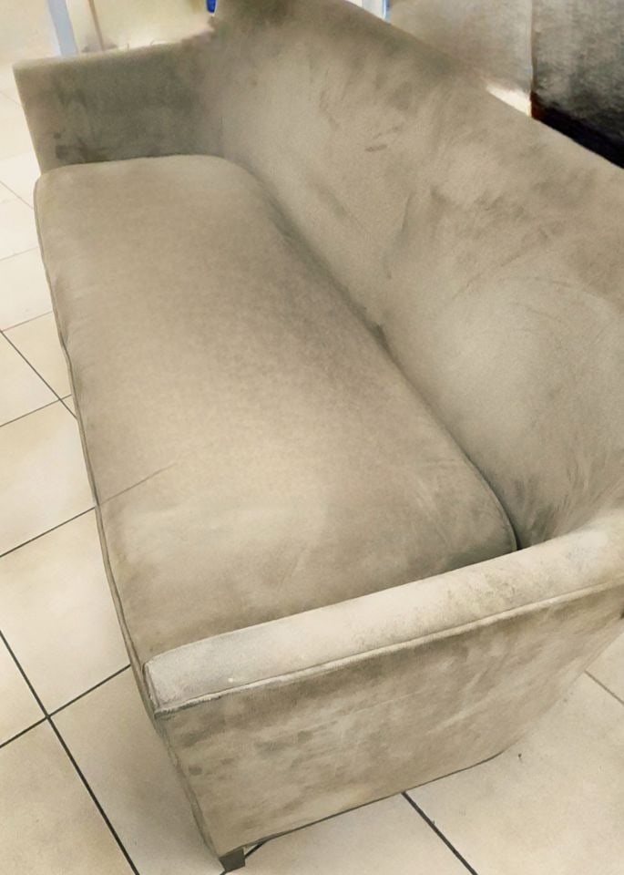 Elegant vintage Bauhaus/Deco style 7' sofa by NC Burnhardt Interiors down-filled w/ suede-type - 3