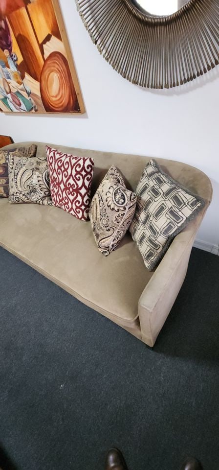 Elegant vintage Bauhaus/Deco style 7' sofa by NC Burnhardt Interiors down-filled w/ suede-type - 6