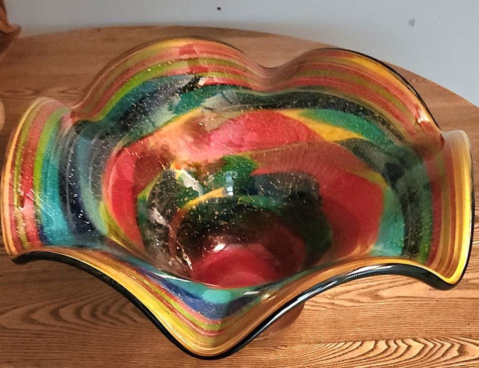 Distinctive vintage hand-blown art glass heavy designer bowl. Murano attribution. 16" Diam 10" h. - 2