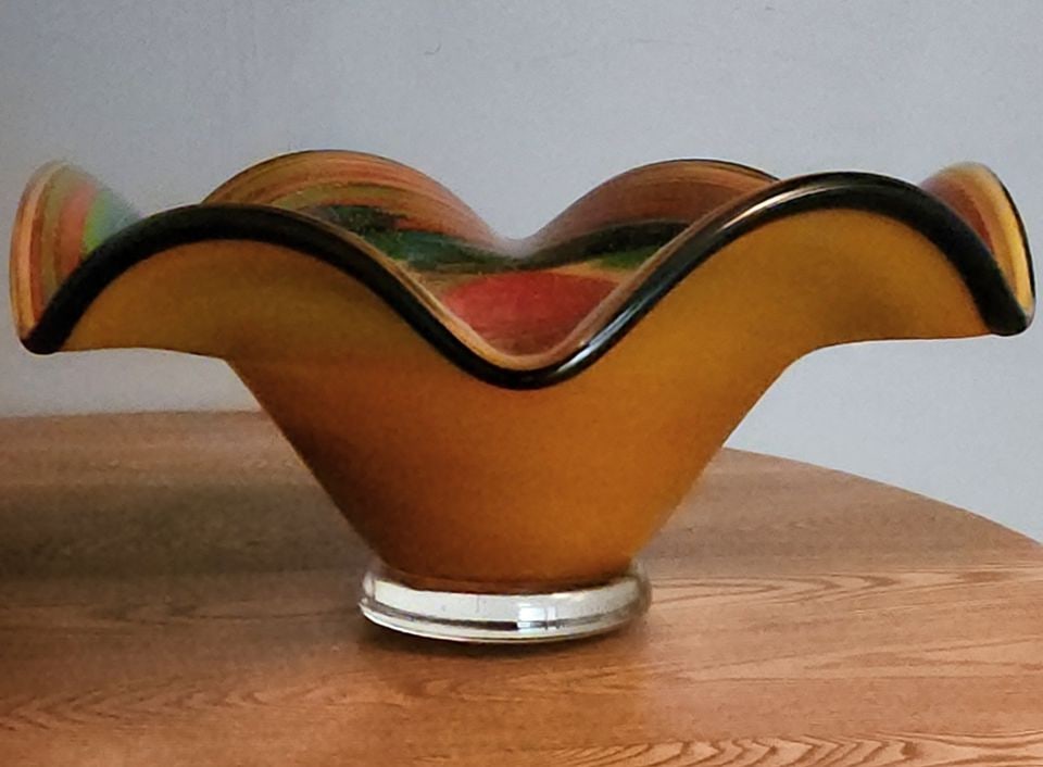 Distinctive vintage hand-blown art glass heavy designer bowl. Murano attribution. 16" Diam 10" h. - 6