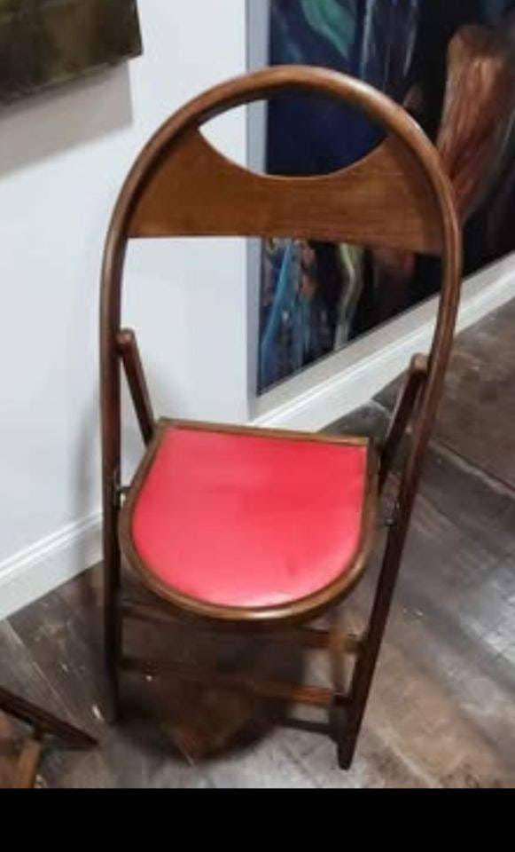 Pair of rare antique wood and vinyl folding chairs - 4