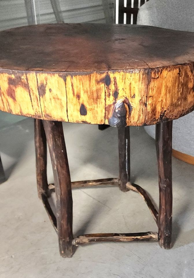 Vintage Artisan-Made Country Rustic Wood Raw Edge Slab Side Table - 5