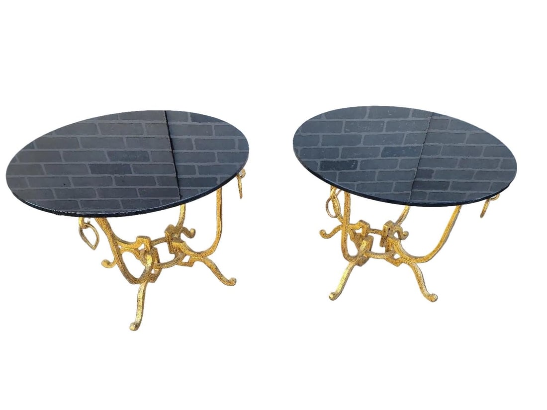 MCM Rene Drouet Style Side Table - Pair: Title: MCM Rene Drouet Style Side Table - Pair Description: Hollywood Regency Rene Drouet Style Gilt Iron Table with Mirrored Glass Top - PairDecorate your living room with these ornate matching side