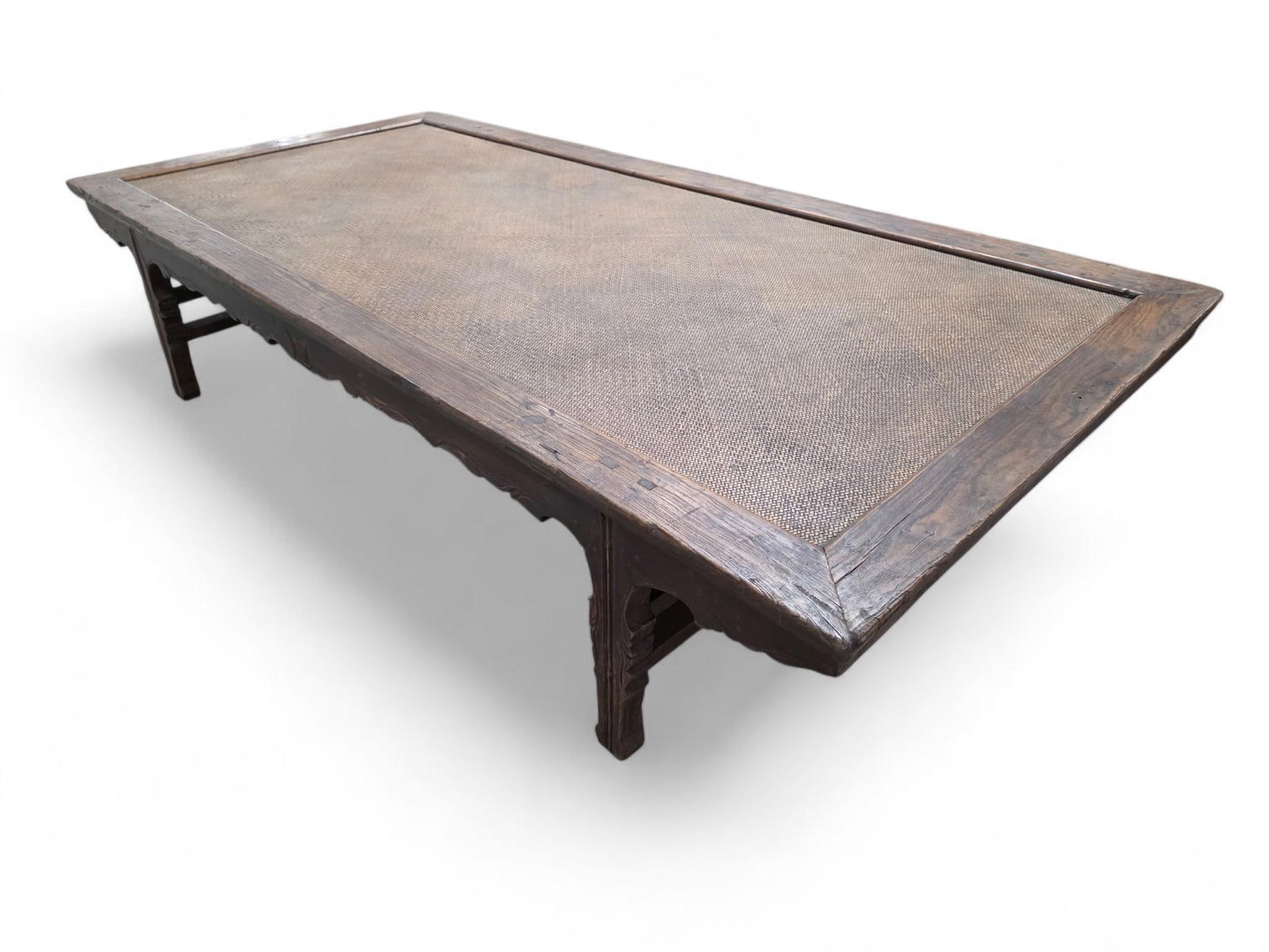 Antique Shanxi Province Carved Elm Door: Title: Antique Shanxi Province Carved Elm Door Description: Antique Shanxi Province Hand Carved Elmwood Oriental DoorFastened with a wooden piece held by metal bands, this antique door opens outward