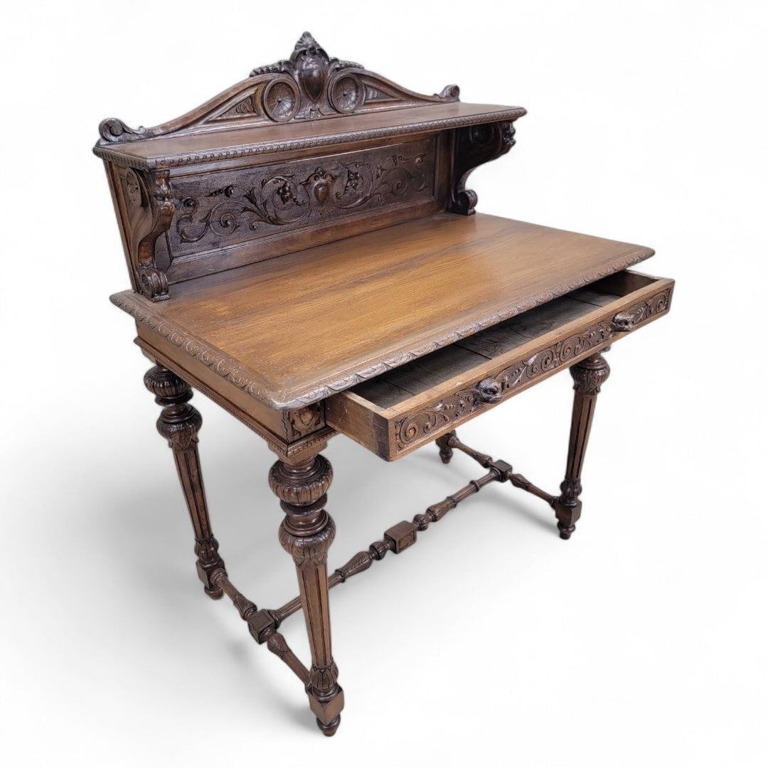 Antique French Carved Oak Petite Writing Desk - 2