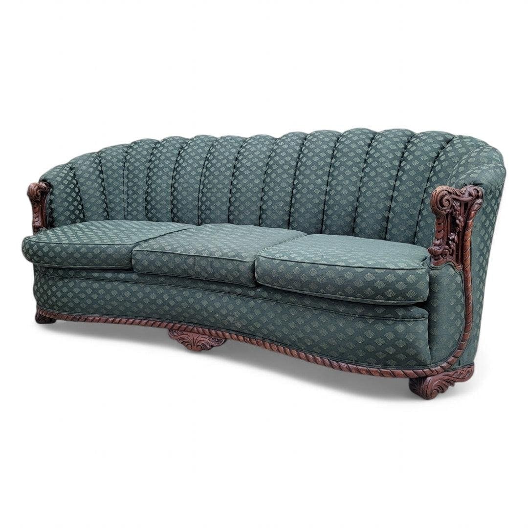 Art Deco Carved Ornate Channel Back Curved Sofa, Lounge Chair and Ottoman - 10