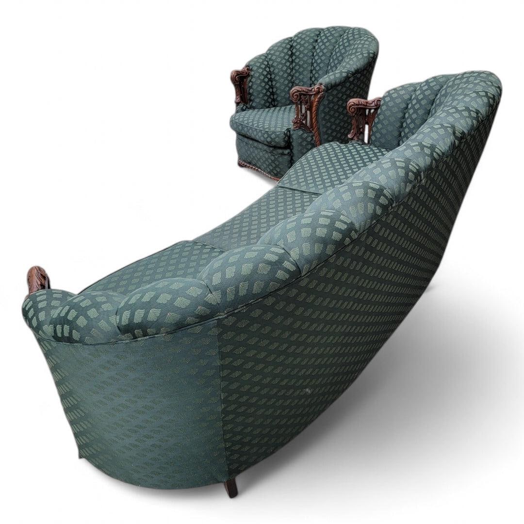 Art Deco Carved Ornate Channel Back Curved Sofa, Lounge Chair and Ottoman - 2