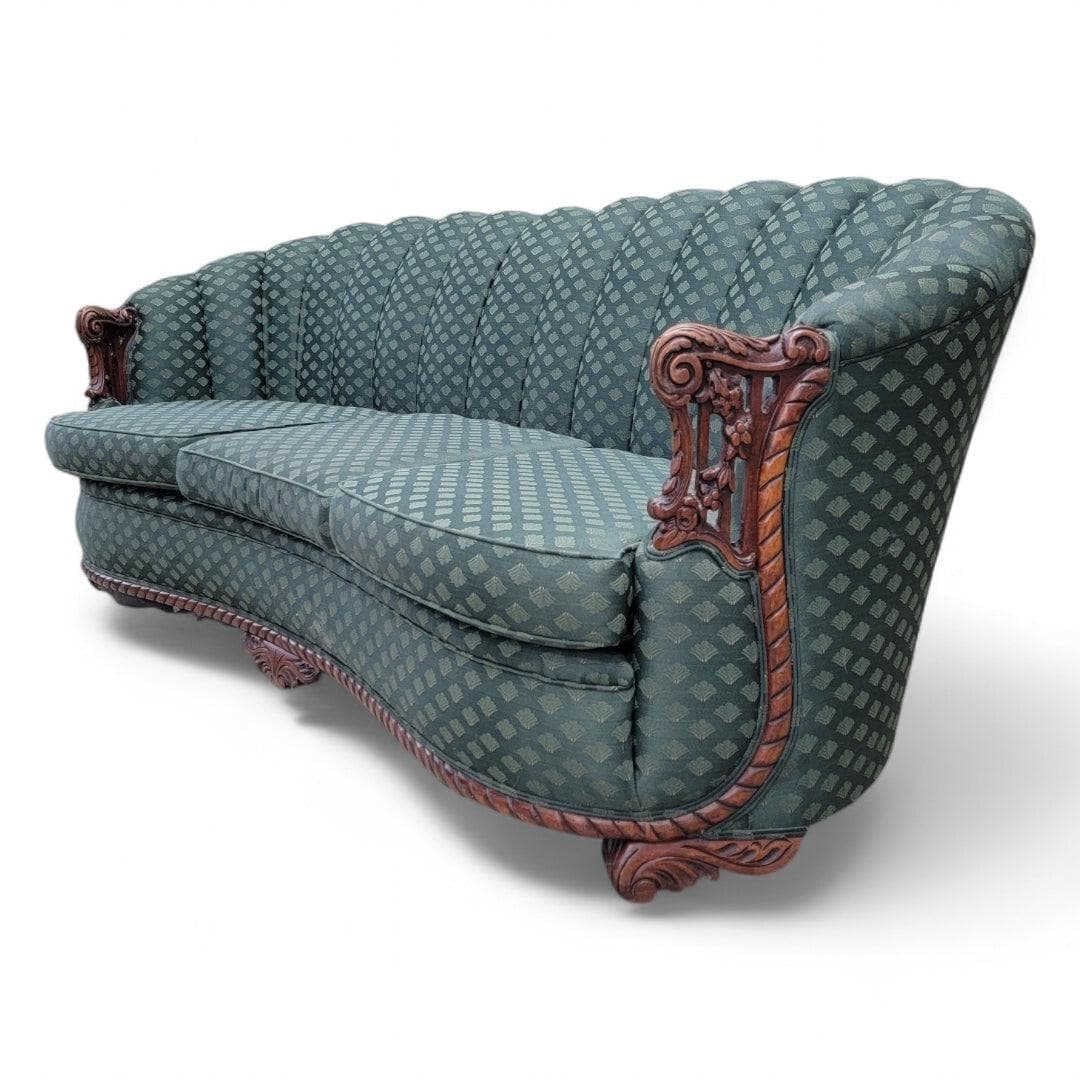 Art Deco Carved Ornate Channel Back Curved Sofa, Lounge Chair and Ottoman - 4