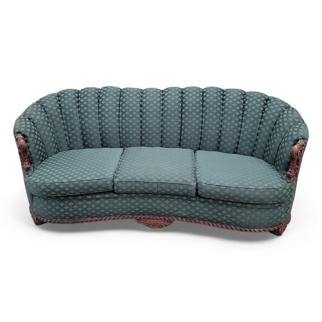 Art Deco Carved Ornate Channel Back Curved Sofa, Lounge Chair and Ottoman - 6