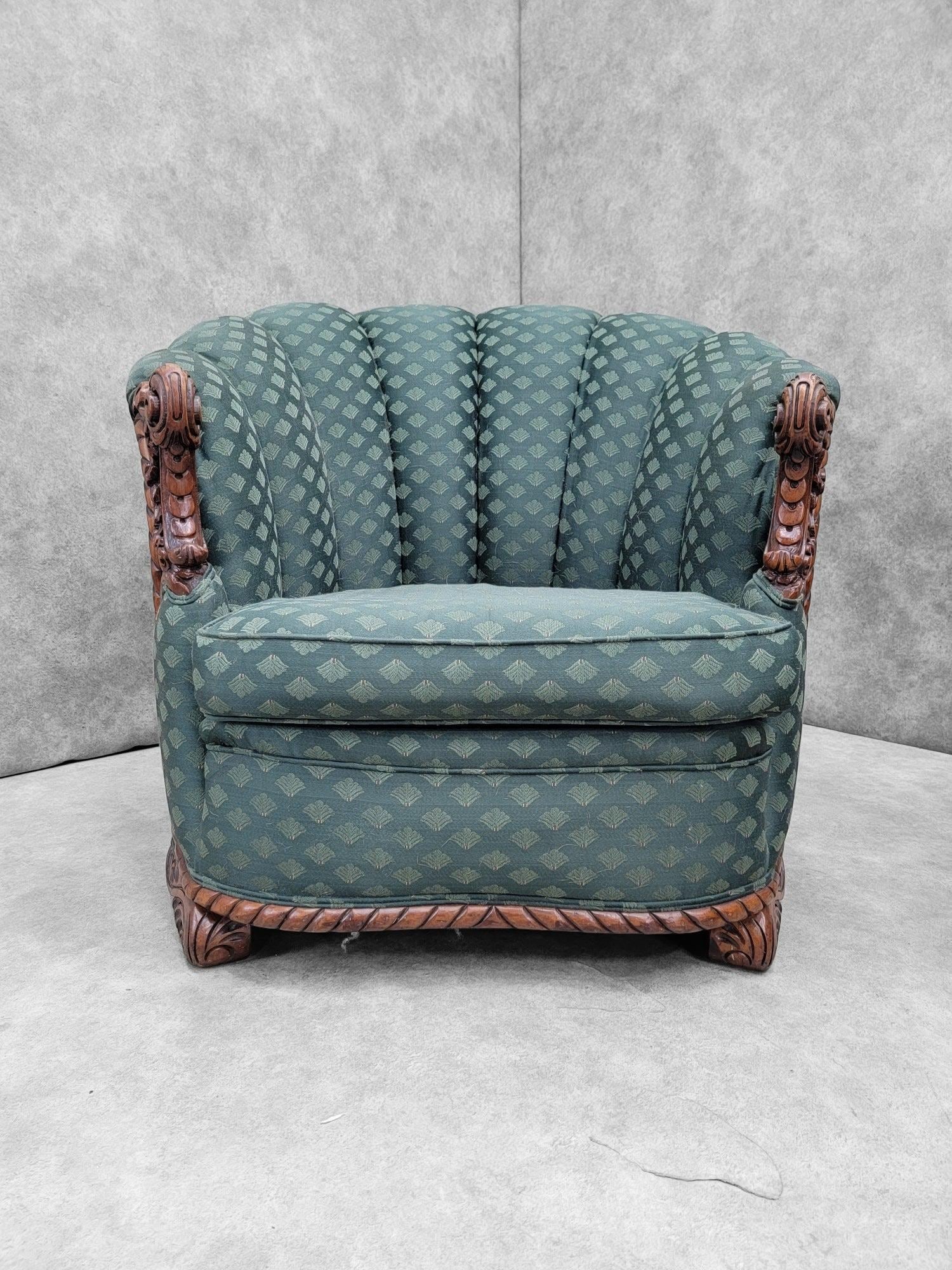 Art Deco Carved Ornate Channel Back Curved Sofa, Lounge Chair and Ottoman - 9