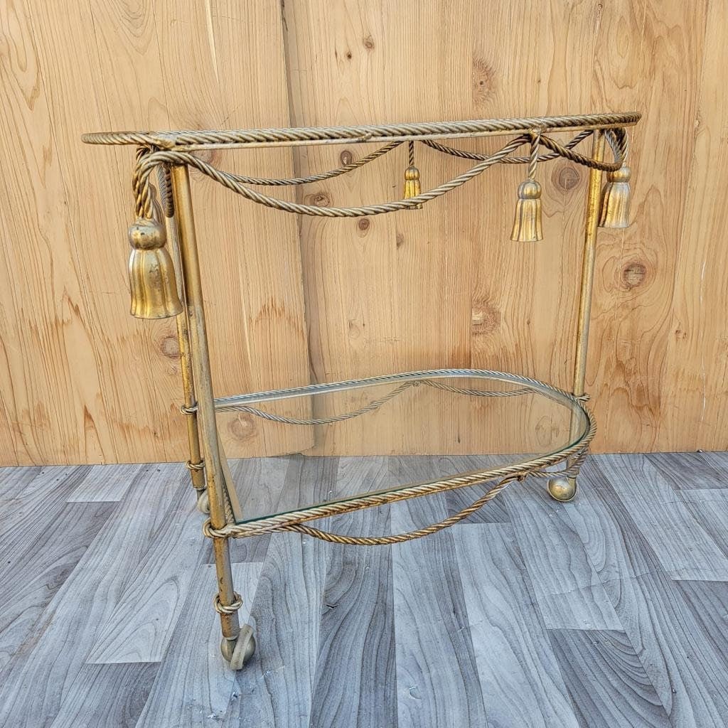 Hollywood Regency Italian Gilt Rope & Tassle Drinks Trolley Bar Cart - 3