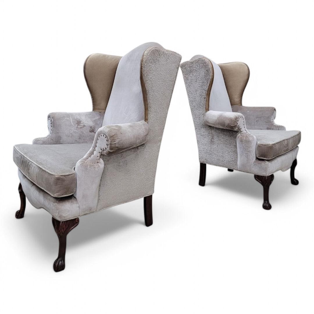 Vintage Queen Anne Style Wingback Lounge Chairs - Pair - 10