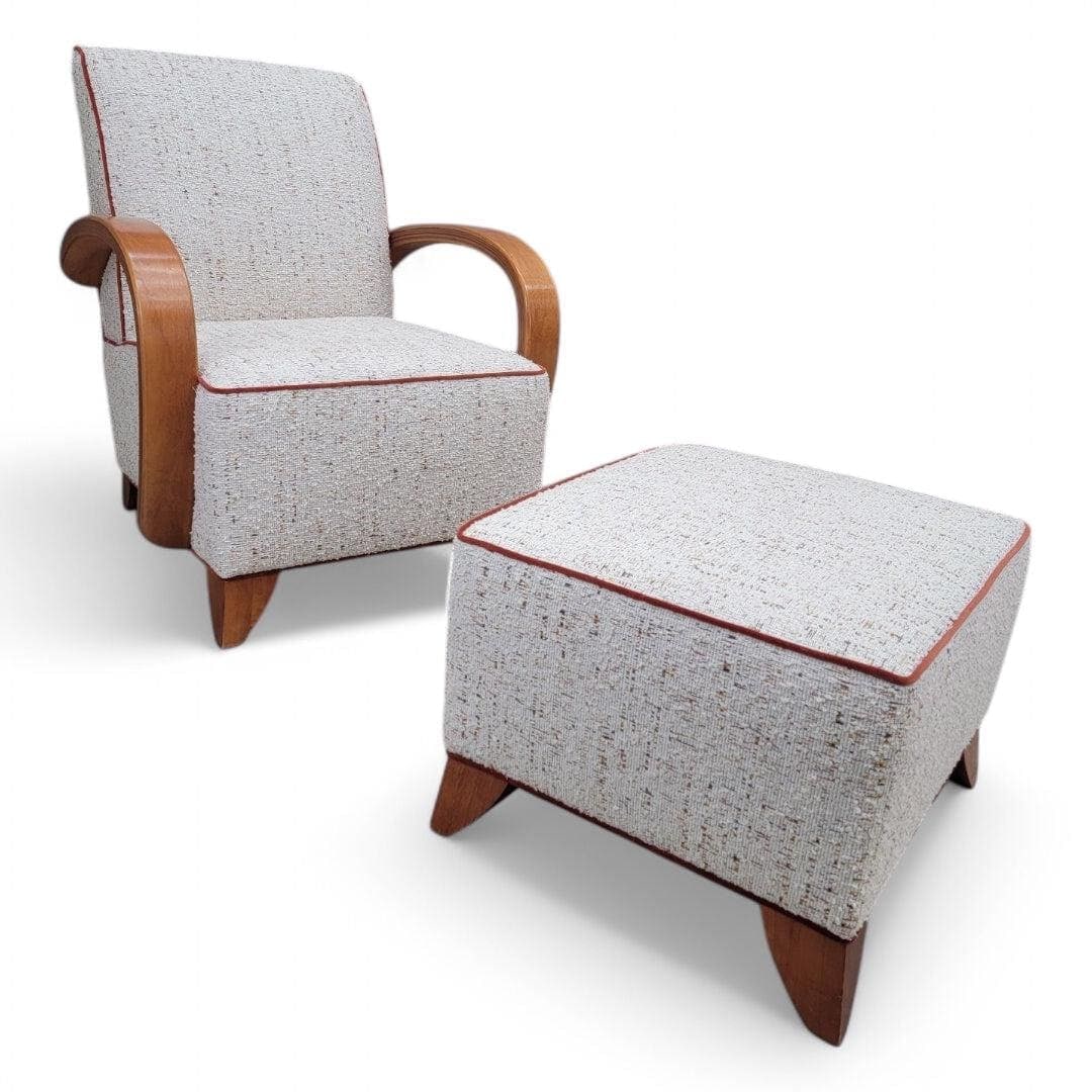 Art Deco Jindrich Halabala Style Lounge Chair & Ottoman Newly Reupholstered - 7