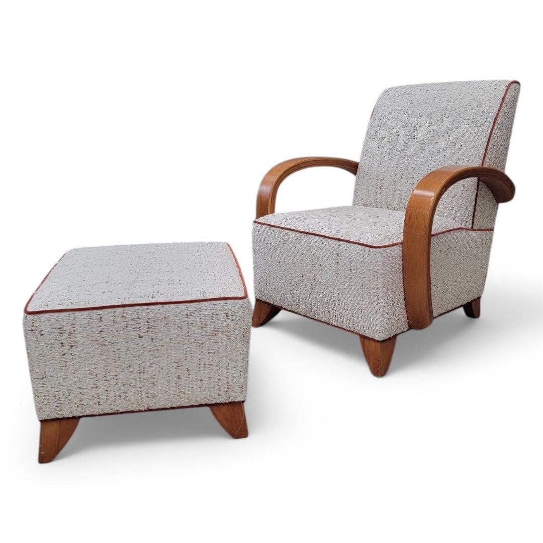 Art Deco Jindrich Halabala Style Lounge Chair & Ottoman Newly Reupholstered - 9