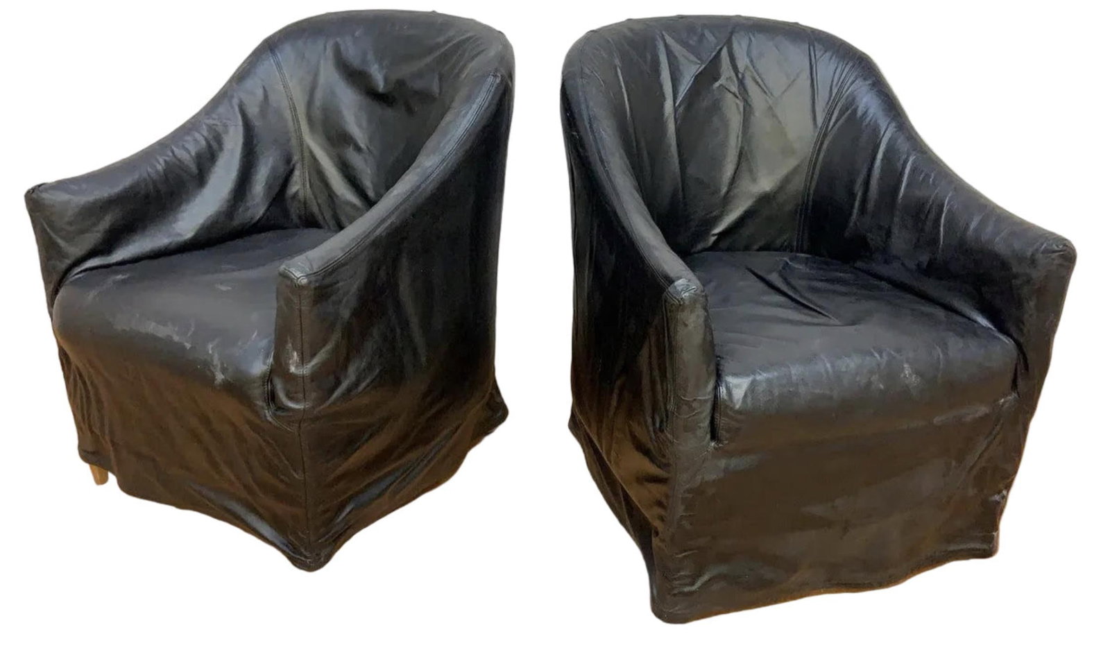 Vintage Black Italian Draped Leather Barrel Back Club Chairs by Neidermier - Pair - 5