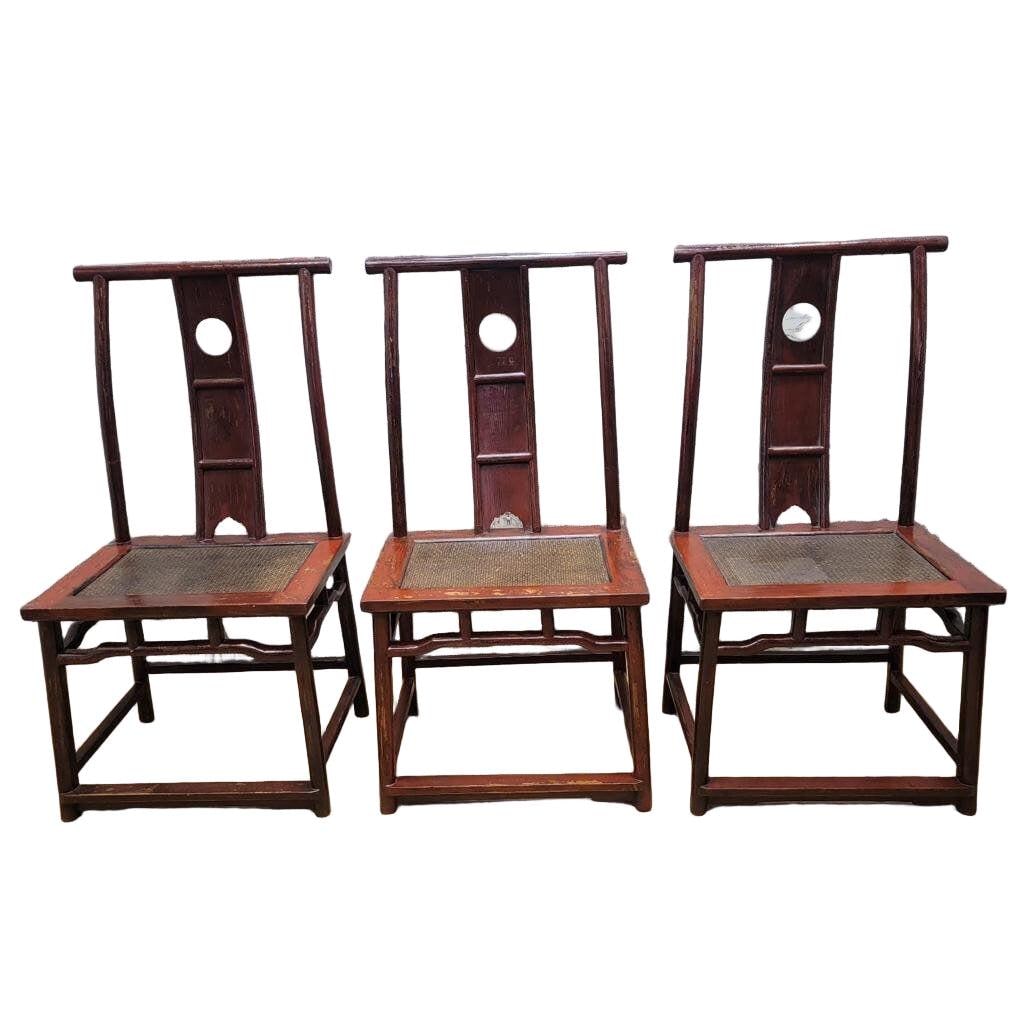 Antique Shanxi Province Red Lacquer Elm Side Chairs - Set of 3 (1 of 6)