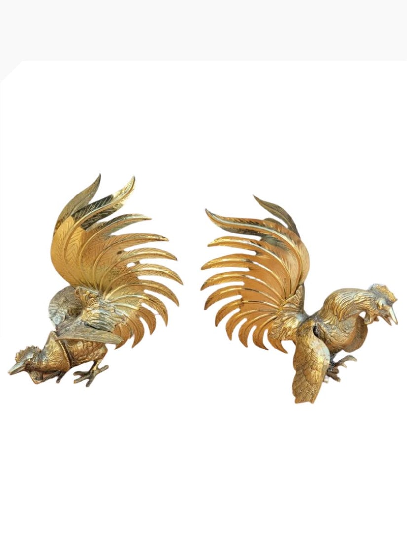 Vintage Fighting Roosters, Book Ends, Sculptural Pieces - Set of 2 - 2