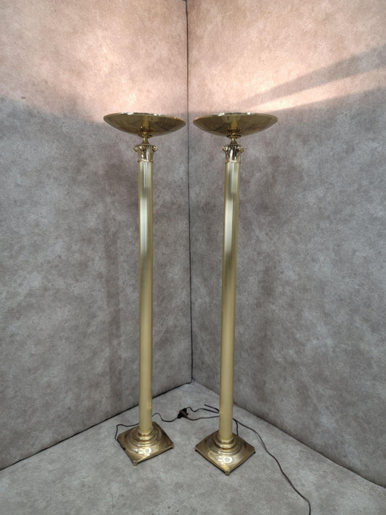 Art Deco Rembrandt Brass Corinthian Column Torchiere Floor Lamp - Pair - 7