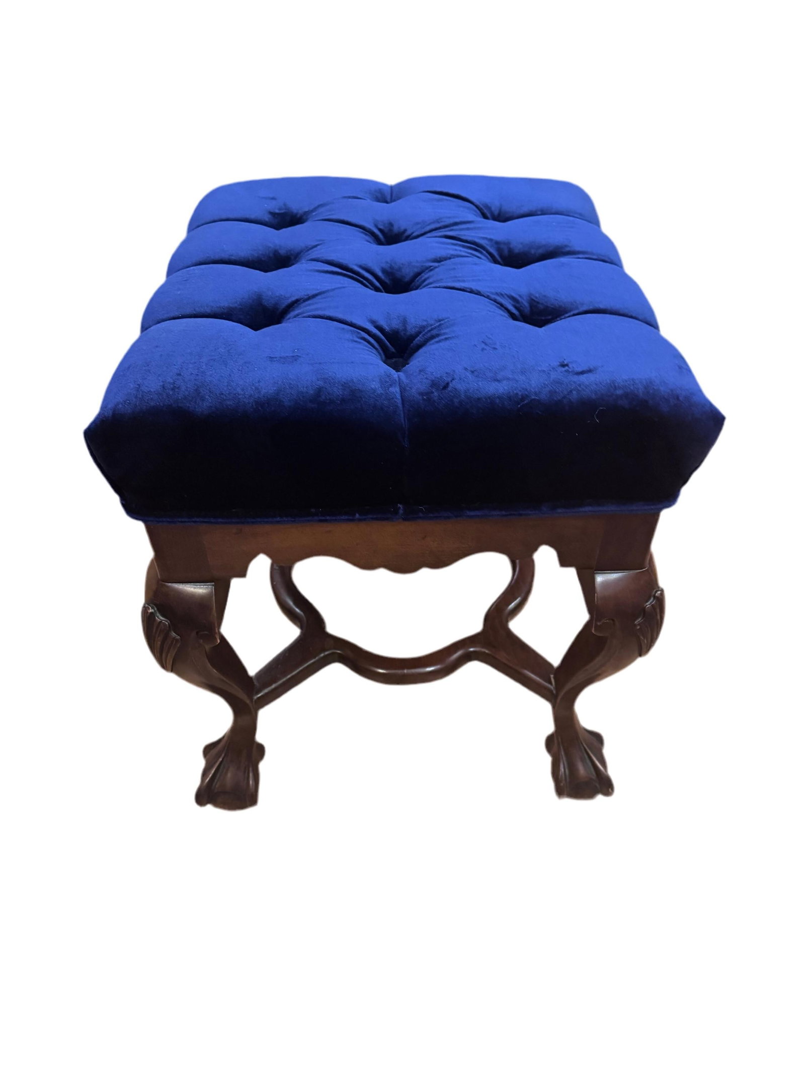 Antique Chippendale Style Tufted Ottoman Newly Reupholstered: Title: Antique Chippendale Style Tufted Ottoman Newly Reupholstered Description: Antique Mahogany Chippendale Tufted Ottoman Newly Reupholstered in High End Italian Royal-Blu Silk Velvet Circa Early