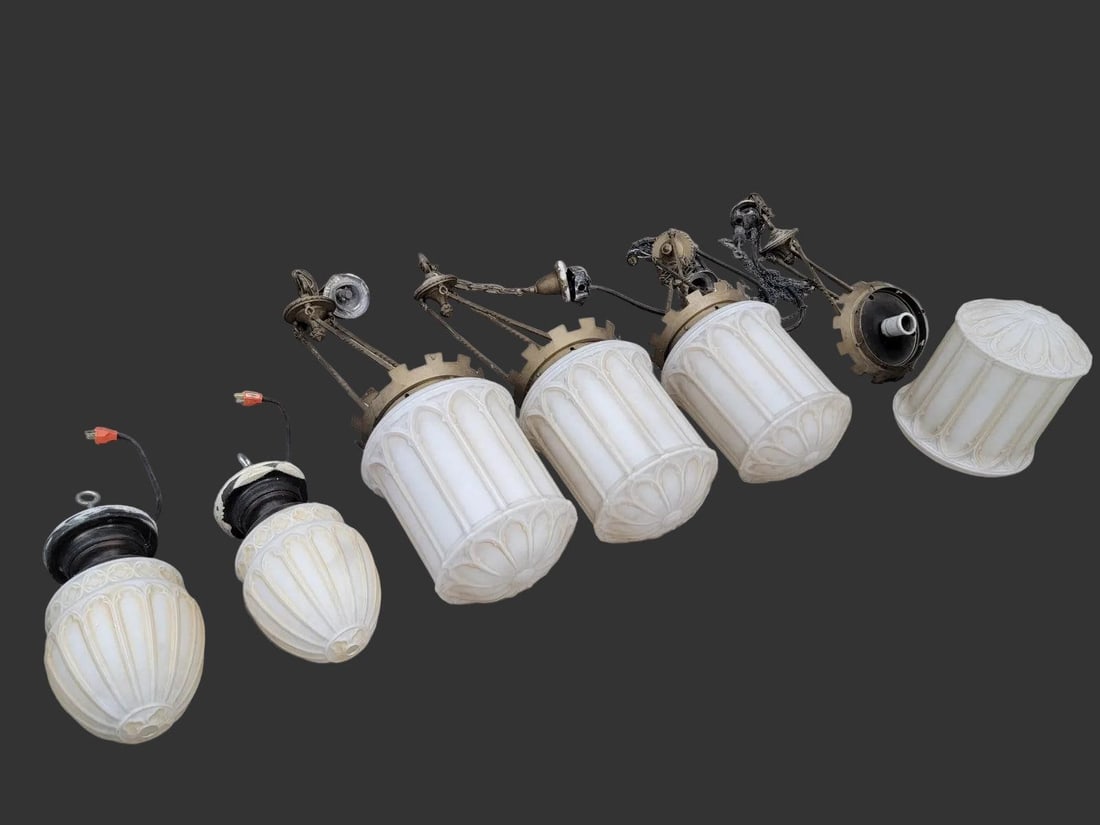 Antique Victorian Milk Glass Light Pendants - Set of 2 - 5