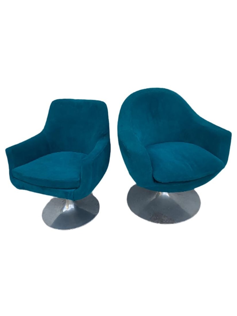 Mid Century Modern Aluminum Swivel Tulip Base Side Chairs Newly Upholstered in Teal Suede - Set of 2 (1 of 5)