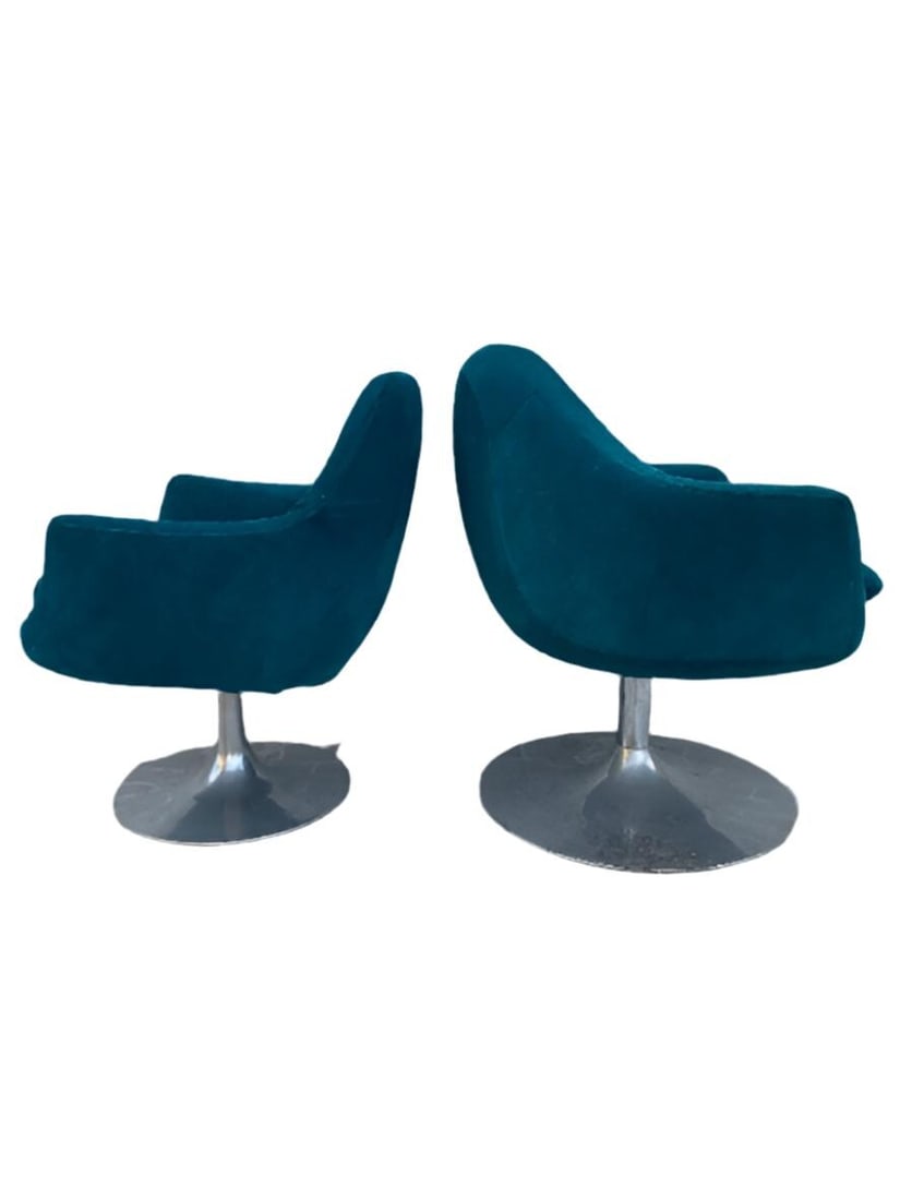 Mid Century Modern Aluminum Swivel Tulip Base Side Chairs Newly Upholstered in Teal Suede - Set of 2 - 2